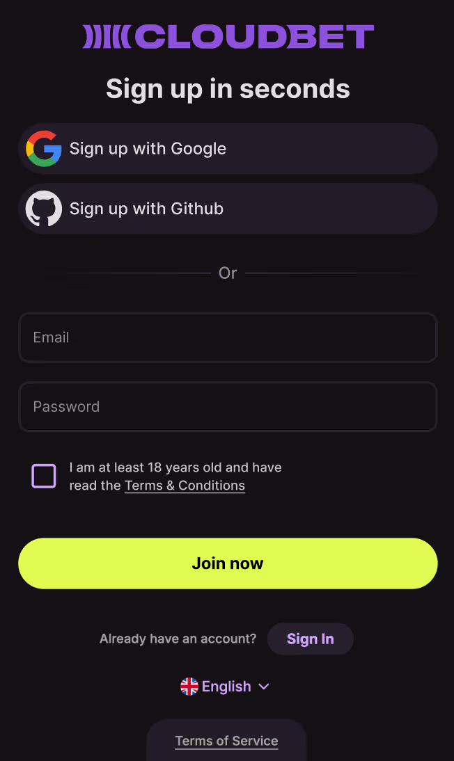 Cloudbet sign up UI